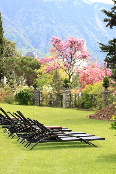 Chaise salões em um gramado dos Alpes — Fotografia de Stock