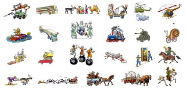 The various transport (car, horse, helicopter, train, airplane, bus...) clipart