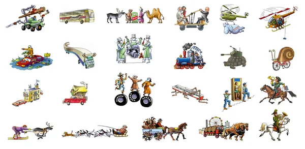 Olika transporter (bil, häst, helikopter, tåg, flygplan, buss...) — Stockfoto