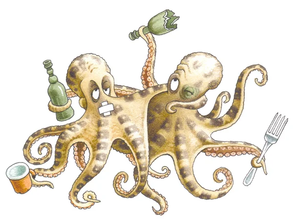 Drunk friends-octopuses left restaurant — Stock Photo, Image