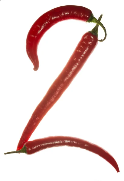 Numer "2" z papryki chili na białym tle — Zdjęcie stockowe