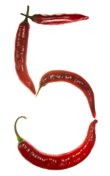 Number "5" made of chili peppers on white background — Stock Photo, Image