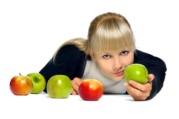 The girl offers a green apple — Stock Photo, Image