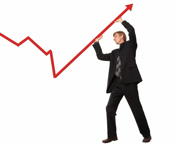 stock image A young business man bending the chart. Isolated on white.