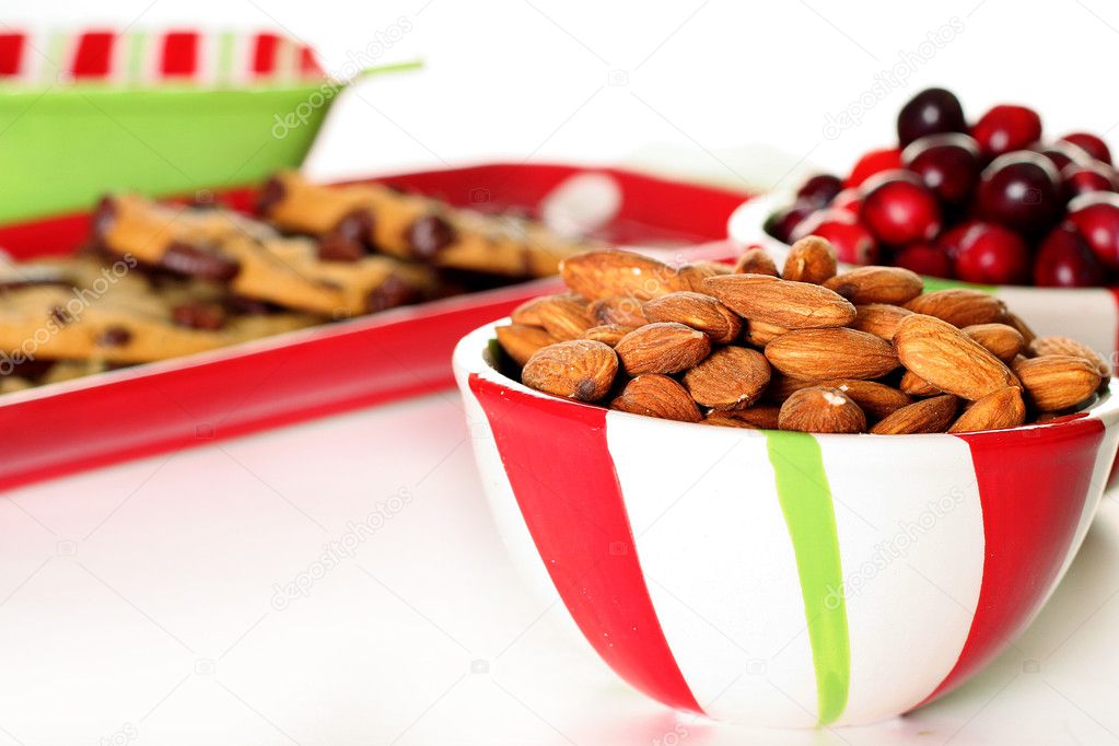 Shot of holiday almonds & cranberries with cookies