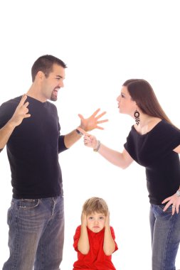 Parents fighting and child stuck in between isolated on white clipart