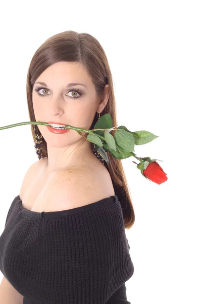 Sexy vrouw met roos geïsoleerd op wit — Stockfoto