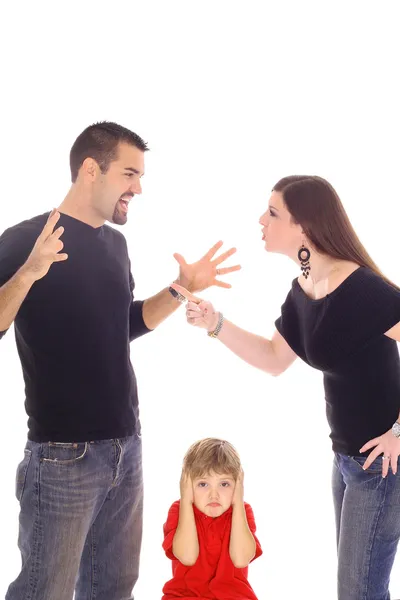 Parents fighting and child stuck in between isolated on white — Stock Photo, Image