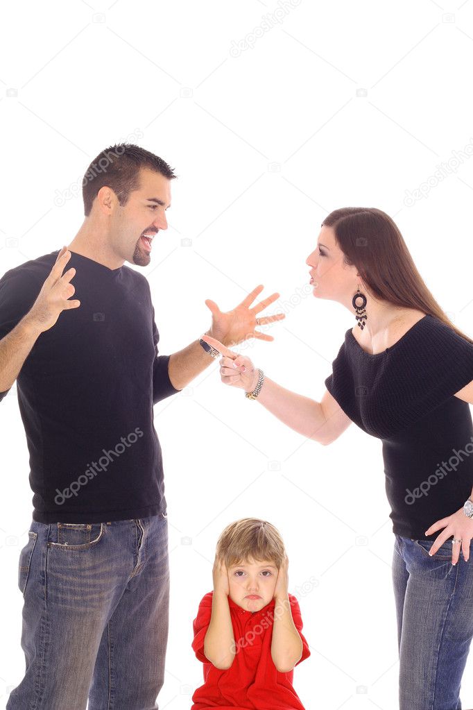 Parents fighting and child stuck in between isolated on white