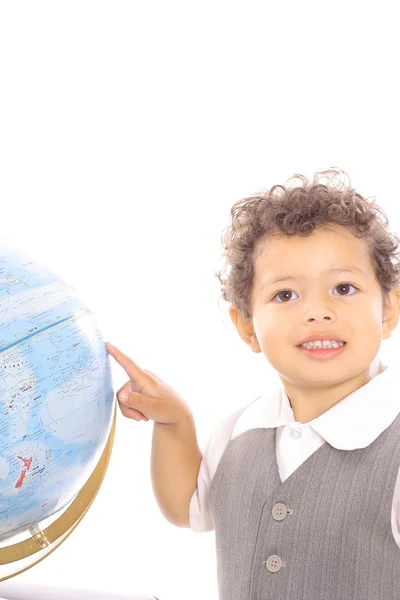 Toddler pointing to the globe — Stock Photo, Image