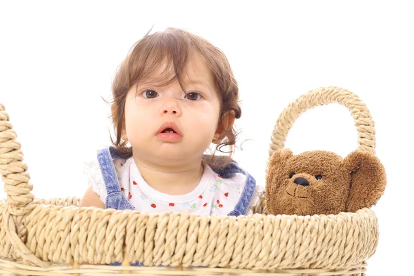 Baby in basket with teddy — Stock Photo, Image