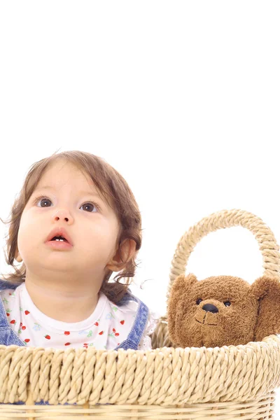 Asian baby with teddy bear vertical — Stock Photo, Image