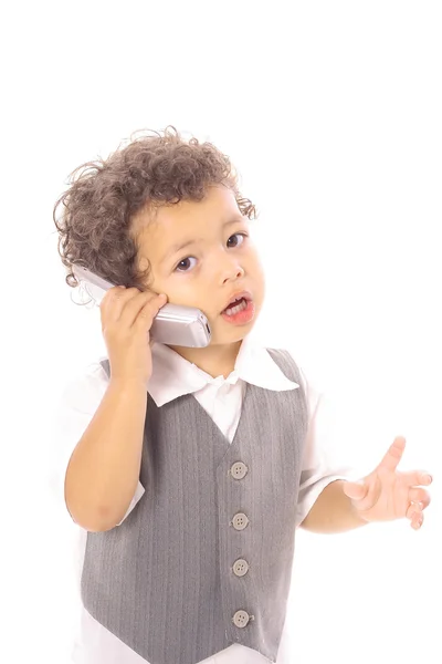 Ittle menino de negócios falando no celular — Fotografia de Stock