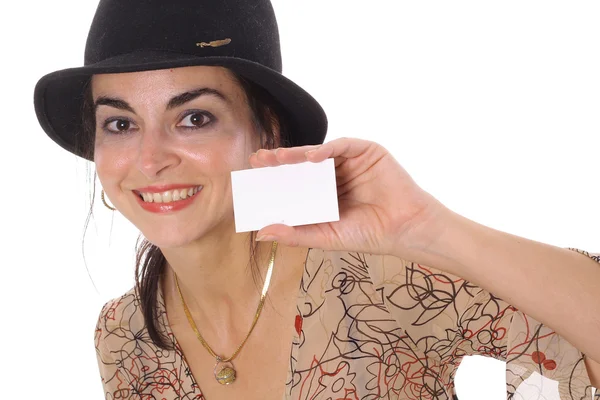 Woman showing business card — Stock Photo, Image