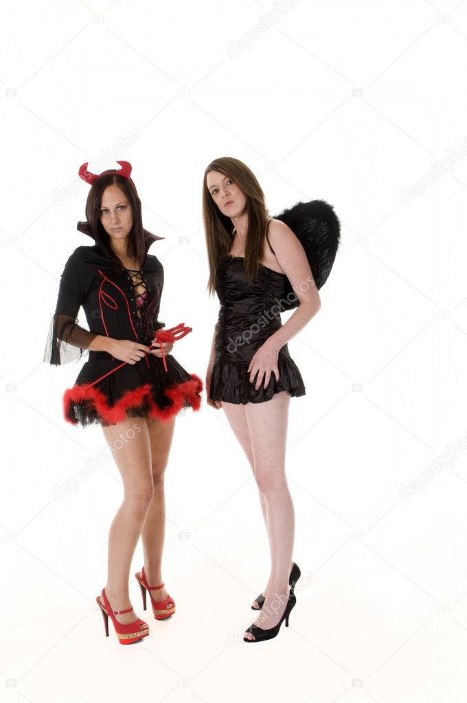 Two sexy girls in Halloween costumes