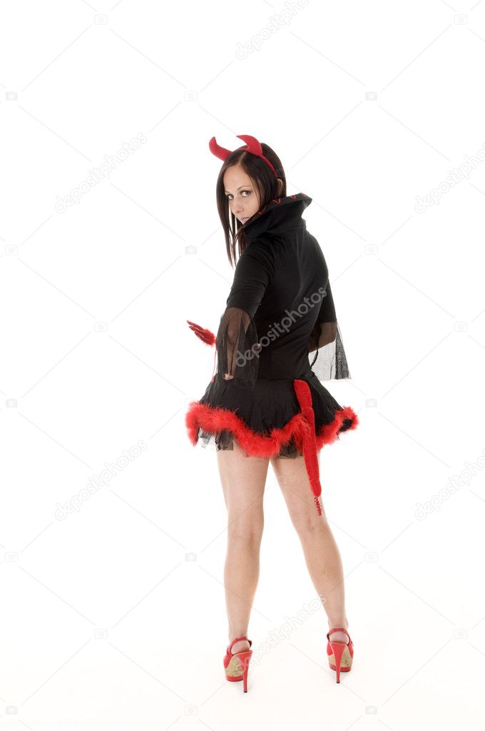 Sexy woman in Devil Costume rear view
