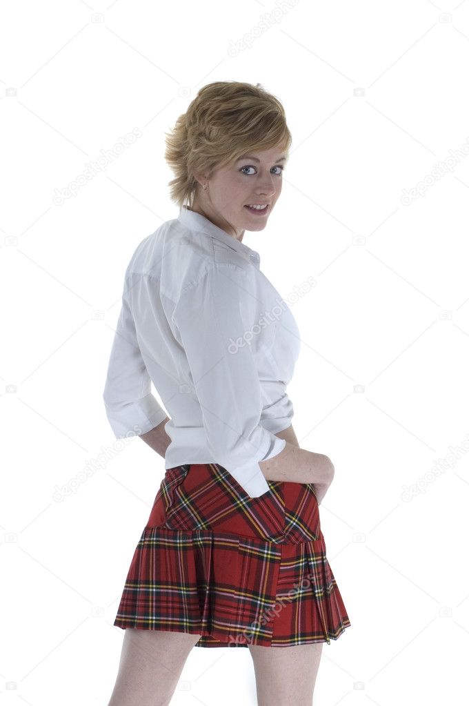 Blonde Woman in Tartan Skirt and white blouse