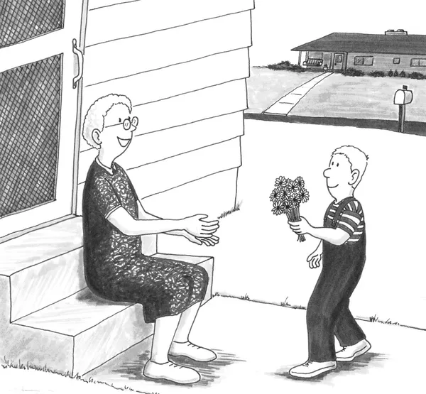 Boy giving grandmother flowers. — Stock Photo, Image