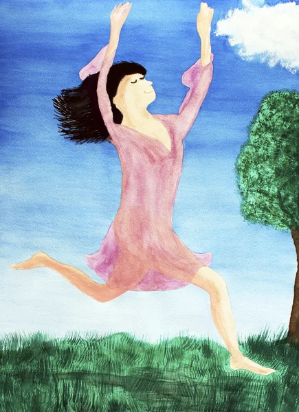 Springende dame tussen hemel en aarde — Stockfoto