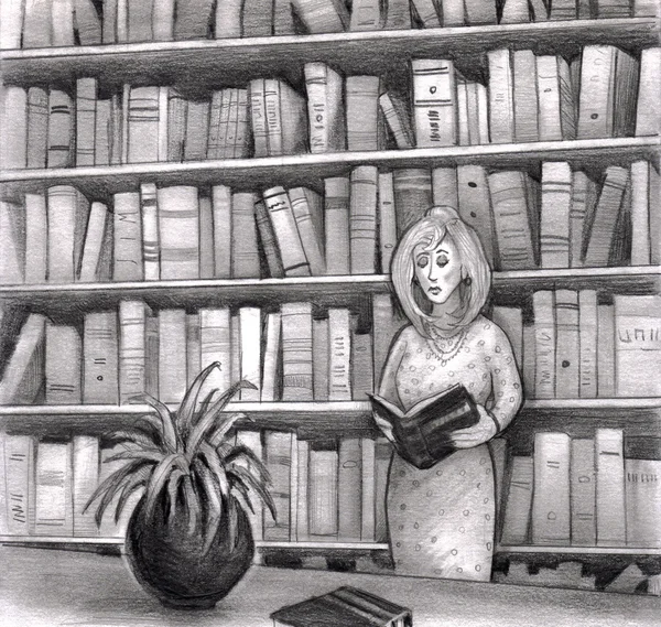 Γυναίκα ανάγνωση βιβλίο στη βιβλιοθήκη — Φωτογραφία Αρχείου