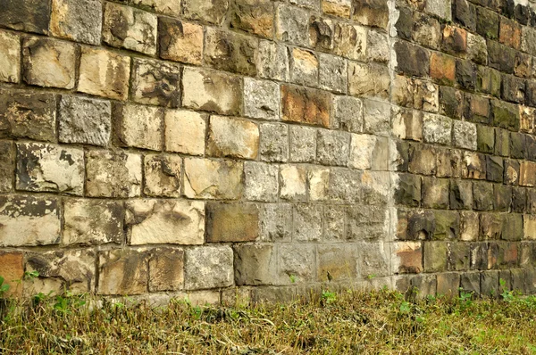 Schräge schmutzige Ziegelmauer mit Grashintergrund — Stockfoto