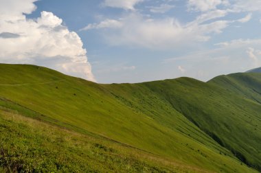 Mountain ridge slopes covered by green grass and cloudy blue sky clipart