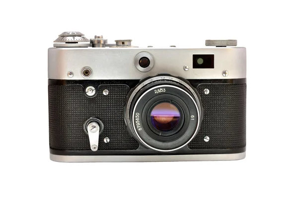 Oude gebruikte vieze ouderwetse film fotocamera vooraanzicht — Stockfoto