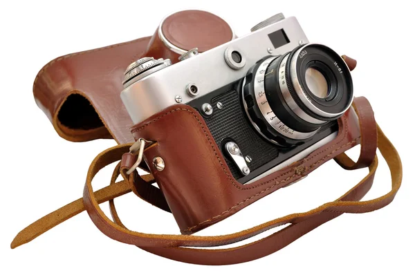 Elszigetelt használt régi vágású film-fényképezőgép bőrtokban — Stock Fotó