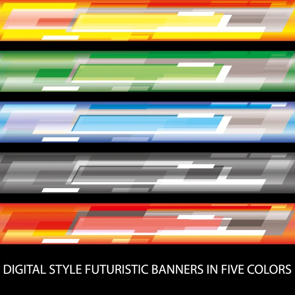 Banderas futuristas de estilo digital en cinco colores — Vector de stock