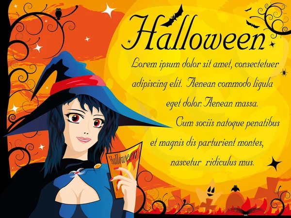 Cartão de Halloween com bruxa jovem — Vetor de Stock