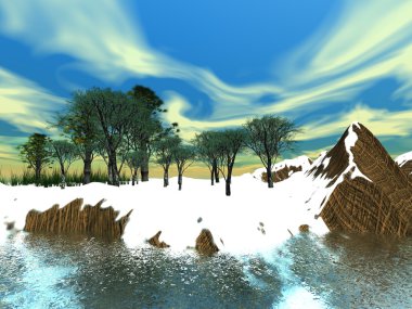 Fantasy island winter scene clipart