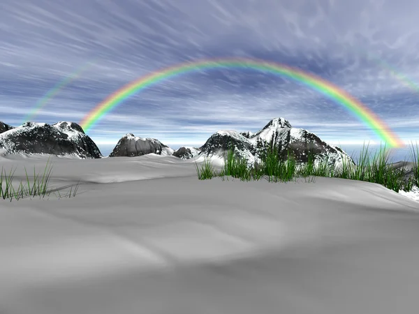 Winter landscape with rainbow — Stock Photo, Image
