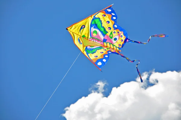 Kleurrijke kite stijgende in een blauwe hemel — Stockfoto
