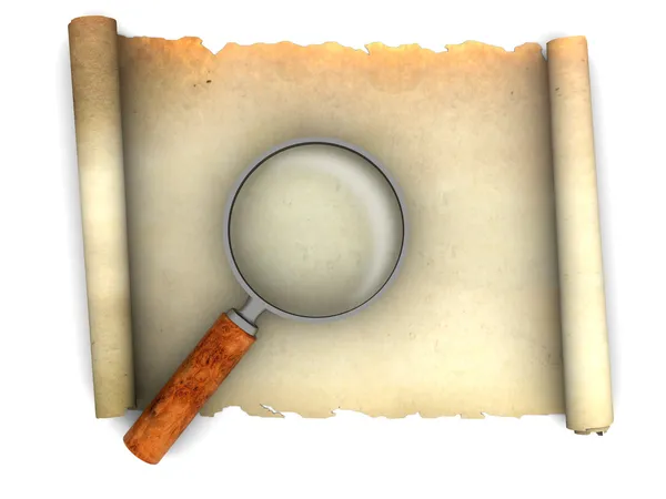 Paper scroll and magnify glass — Stock Photo, Image