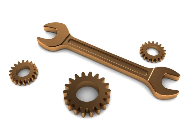 Wrench and gear wheels — Stock Photo, Image