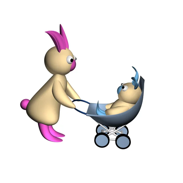 Mutter ein Hase geht mit dem Kind ein Hase in einer Kutsche, 3D, weißer Hintergrund. — Stockfoto