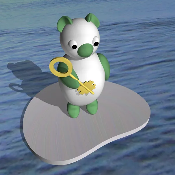 Lední medvěd na ledové kře v moři drží v ruce plochý klíč, 3d. — Stock fotografie