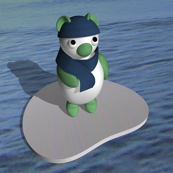 Ours polaire dans une casquette et une écharpe sur une banquise flottant dans la mer, 3d . — Photo