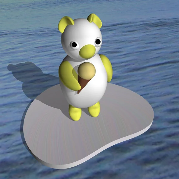 Das weiße Bärenjungtier auf einer Eisscholle im Meer frisst Eis, 3D. — Stockfoto