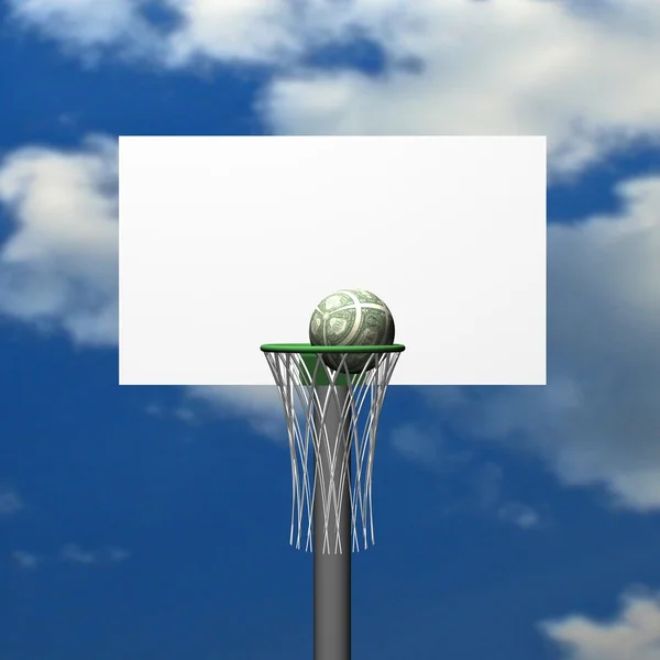 Dollar basketball board, ring, grid and ball against the sky — Stock Photo, Image