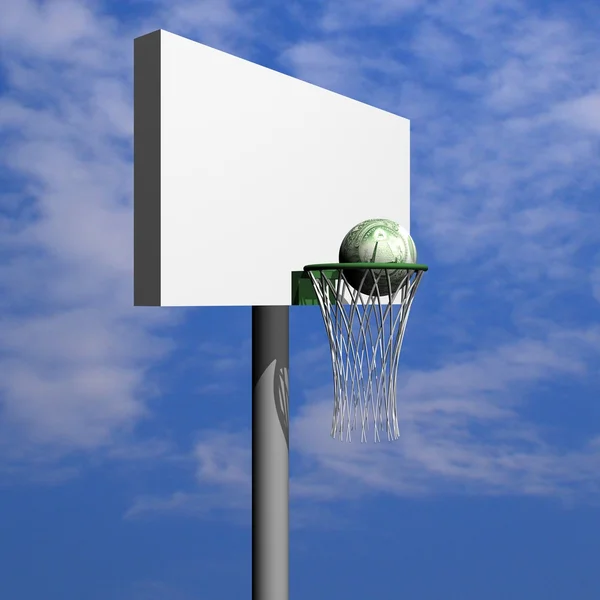 Dollar basket-ball board, anneau, grille et balle contre le ciel — Photo