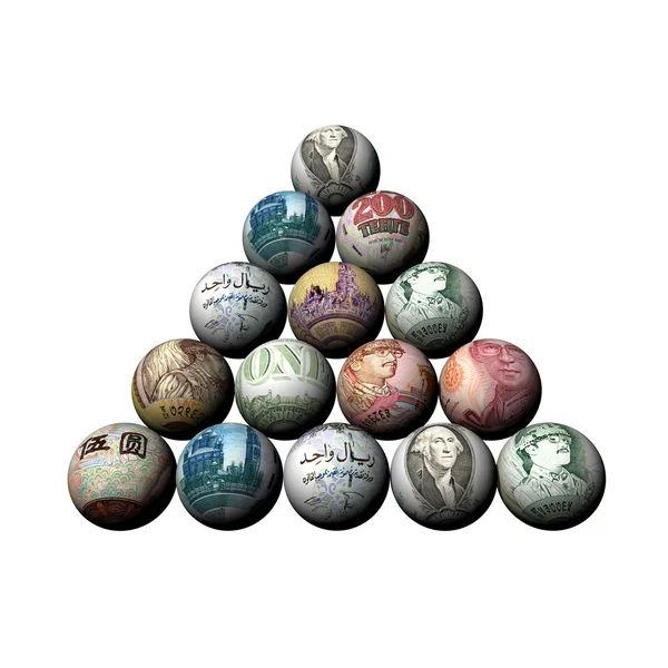 Denominations of the different countries on billiard spheres a pyramid — Stock Photo, Image