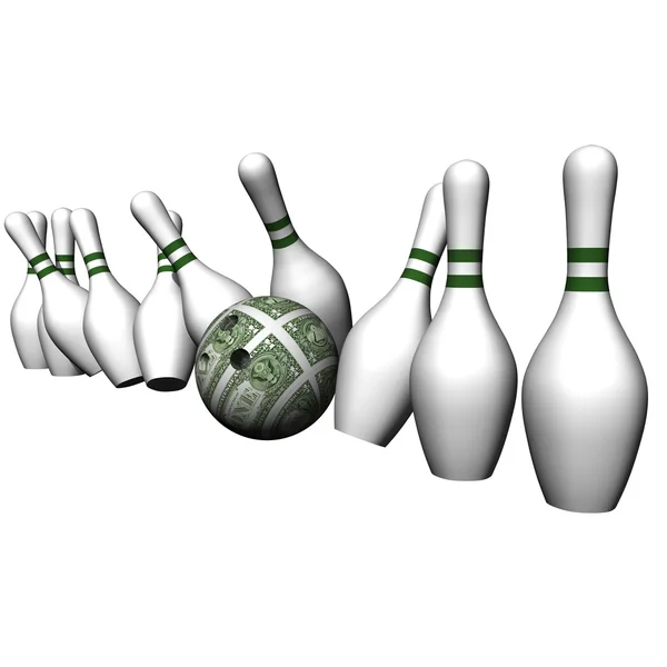 The dollar ball breaks white size of bowling, a white background. — Stock Photo, Image