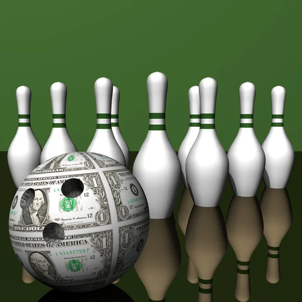Dollar ball and white size of bowling on a smooth surface. — Stock Photo, Image