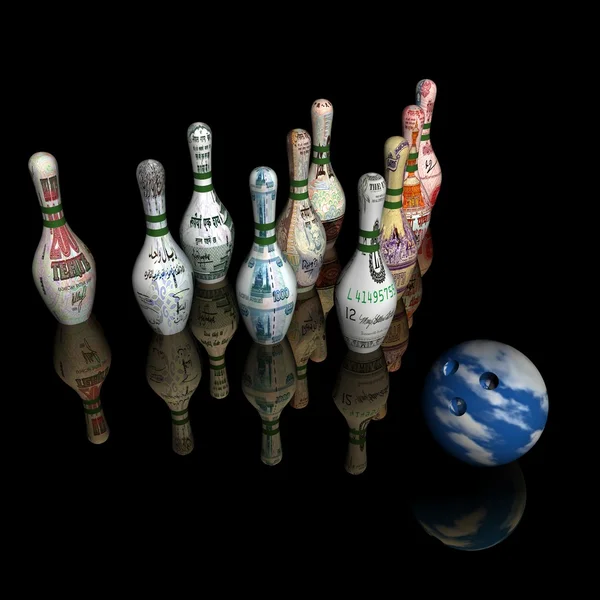 Bal van bowling en benaming van de verschillende landen op bowlen grootte — Stockfoto
