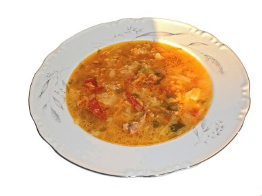 Russian cabbage soup in a plate close up, it is isolated. clipart