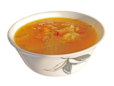 Russian cabbage soup in a plate close up, it is isolated. clipart