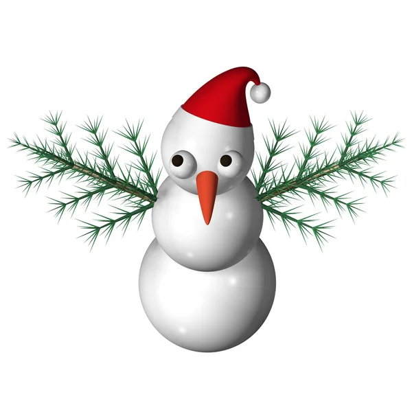 The white snowman with a carrot nose and hands – fur-tree branches — Stock Photo, Image