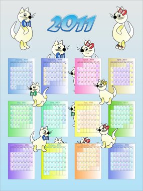 Calendar of 2011 in English, with cats - a symbol of year. clipart