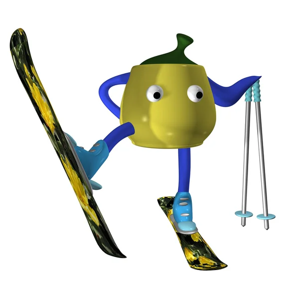 The teapot the mountain skier costs on mountain skiing and poses, 3d — Stock Photo, Image